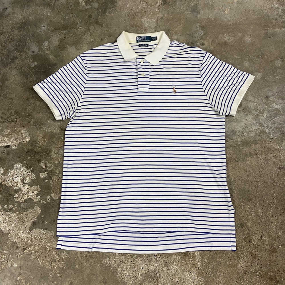 Vintage 90s Polo Ralph Lauren Polo Shirt Size XL Blue Striped Pima Soft Flesh